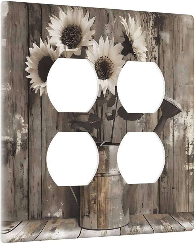 Rustic Floral Country Sunflower Daisy Old Wooden Boards Outlet Covers 2 Gang Double Duplex Decorative Light Switch Covers Electrical Wallplates Socket Faceplate for Farmhouse Home Decor