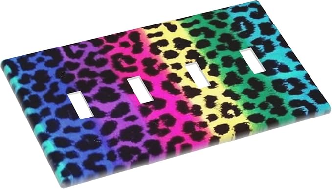 Rainbow Colorful Leopard 4 Gang Light Switch Cover Decorative Quad Toggle Wall Plate Decorative Electrical Faceplate For Girls Boys Home Bedroom Decorate Large Size 8" x 4.5