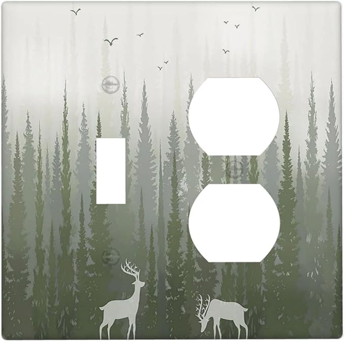 Green Pine Tree Deer Country Forest Bird Nature Mist Wallplates 1 Toggle 1 Duplex Electrical Gfci Faceplate Decorative Light Switch Covers Switch Plate for Bedroom Home Decor