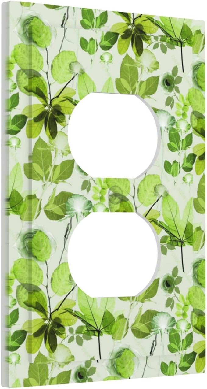 Green Leaves Spring Plant Floral Outlet Covers 1 Gang Duplex Light Switch Cover Decorative Switch Plates Electrical Receptacle Faceplate Wall Plate for Bed Room Living Room Decor