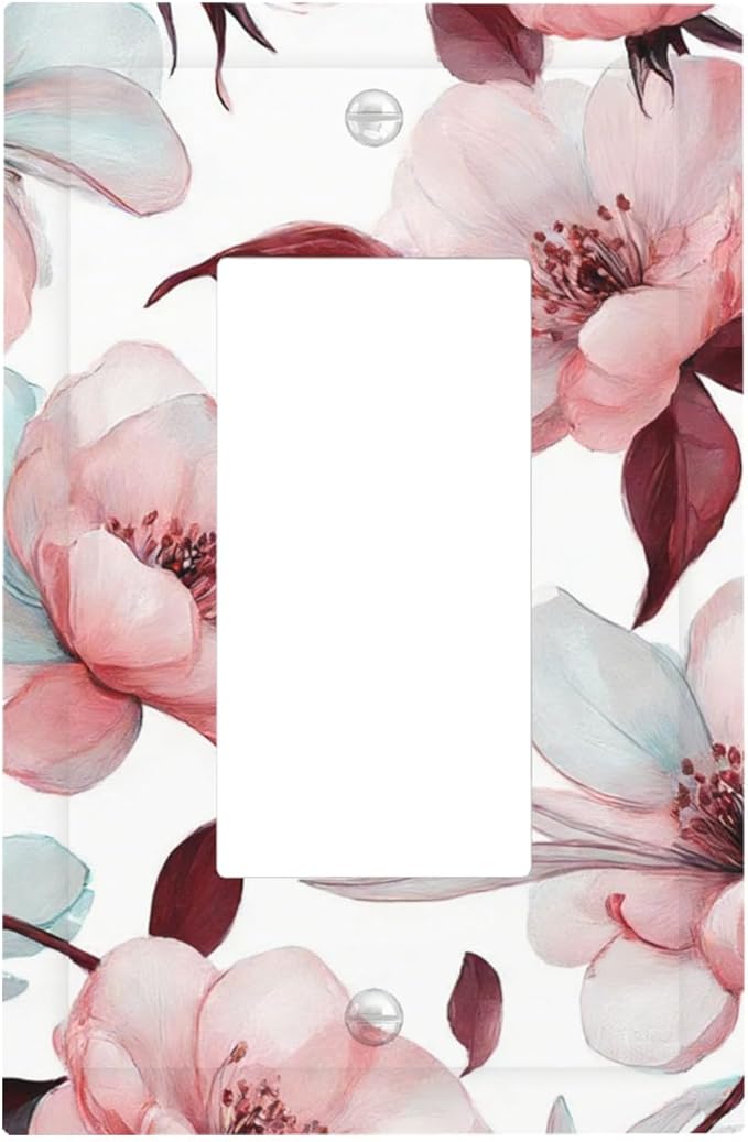 Watercolor Pink Cherry Blossom & Floral Burst Single Rocker Switch Cover - 1-Gang Standard US Size Romantic Floral Escape Light Switch Covers for Bathroom Bedroom Vanity Decor