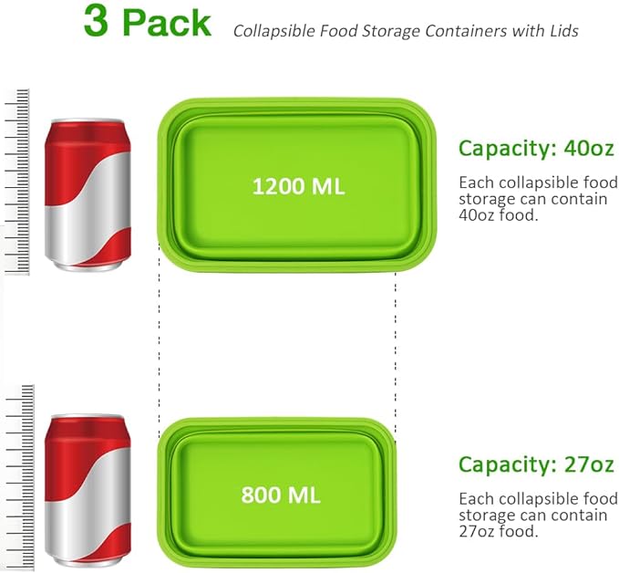 Alimat PluS 27oz Collapsible Food Storage Containers with Lids, 3 Pack Set 800ml Silicone Food Storage Containers, Green Collapsible Food Storage for Kitchen and Outdoor Activities
