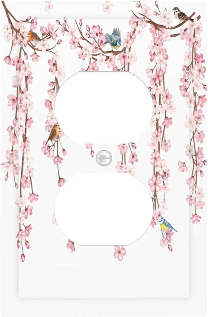 Pink Cherry Blossom Flower Vine Floral Tree Branch Birds Outlet Covers 1 Gang Duplex Light Switch Cover Decorative Switch Plates Electrical Receptacle Faceplate Wall Plate for Bedroom Living Room