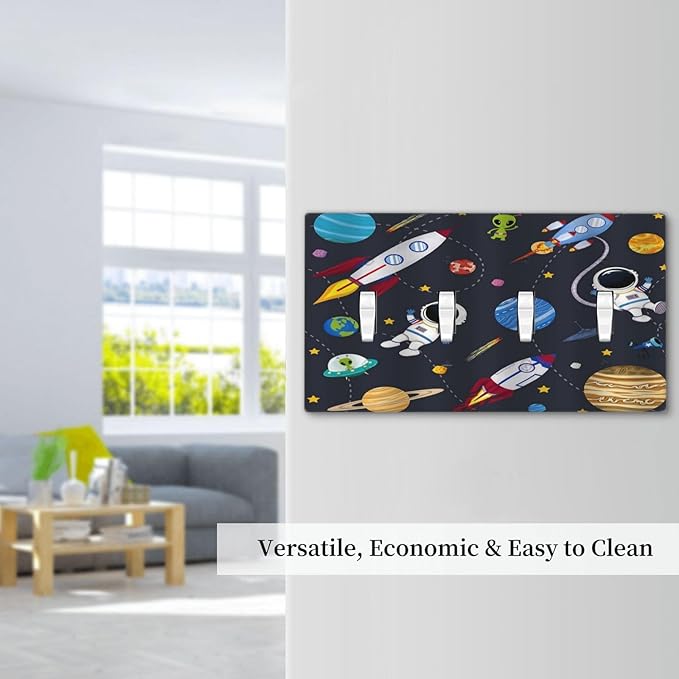 Rocket Planets Astronaut Blue Decorative 4 Gang Decorative light switch plate Quad Toggle Wall Plate Covers Switchplate Electrical Faceplate for Nursery Kidsroom Bedroom Decor