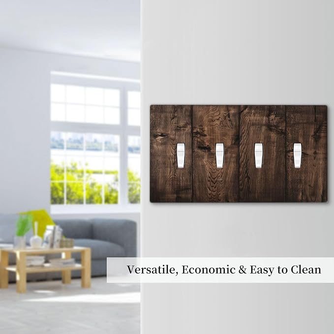 Rustic Brown Wood Plank Vintage Wooden Texture Print Light Switch Covers Quad Toggle Electrical Faceplate 4 Gang Wall Plate Decorative Switch Plates Cover for Farmhouse Home Decor