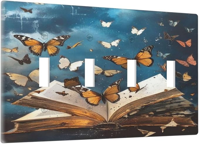 Decorative Art Light Switch Covers Butterflies from the Book Quad Toggle 4 Gang Wall Plate Switch plate Electrical Faceplate for Home Decor