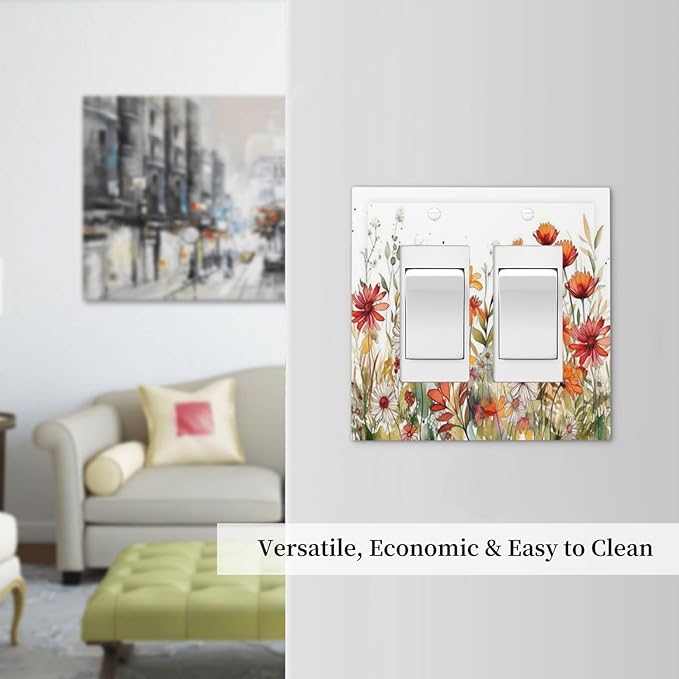 Watercolor Wild Flower Floral Daisy Plant Decorative Outlet Covers 2 Gang Double GFCI Rocker Electrical Wall Panels Light Switch Cover Plate for Bedroom Living Room Decor