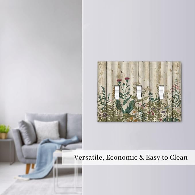 Vintage Wild Flowers Botanical Green Leaves Plants 3 Gang Light Switch Covers Decorative Rustic Wood Plank Triple Toggle Wall Plate Electrical Faceplate Switchplate for Farmhouse Bedroom Decor