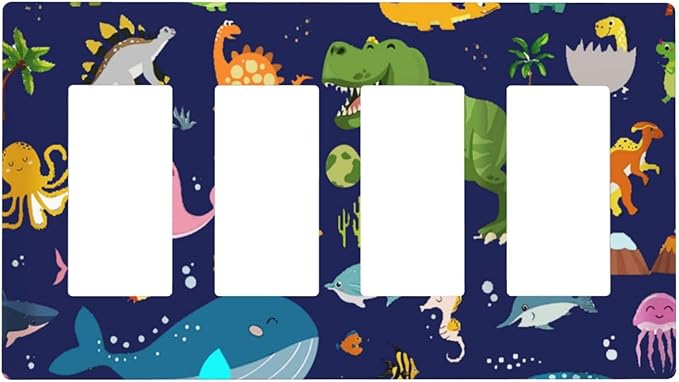 Kids Boys Cartoon Dinasour Ocean Animals Theme 4 Gang Quad Rocker Light Switch Cover Decorative Quadruple Device GFCI/Decorator Wall Plate Electric Faceplate Screwless