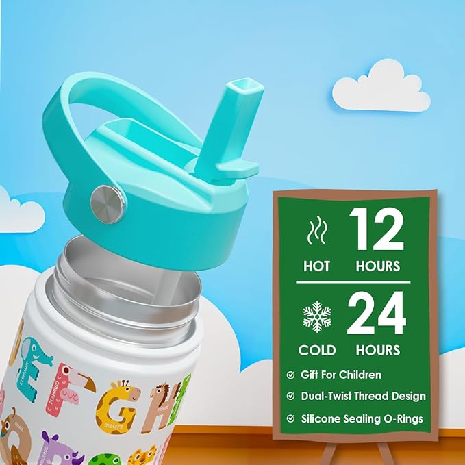 SANDJEST Alphabet Kids Water Bottle with Straw Lid 12oz Insulated Stainless Steel, Travel Tumbler, Animal Gifts for Boys Girls, Birthday, Christmas, Back to School