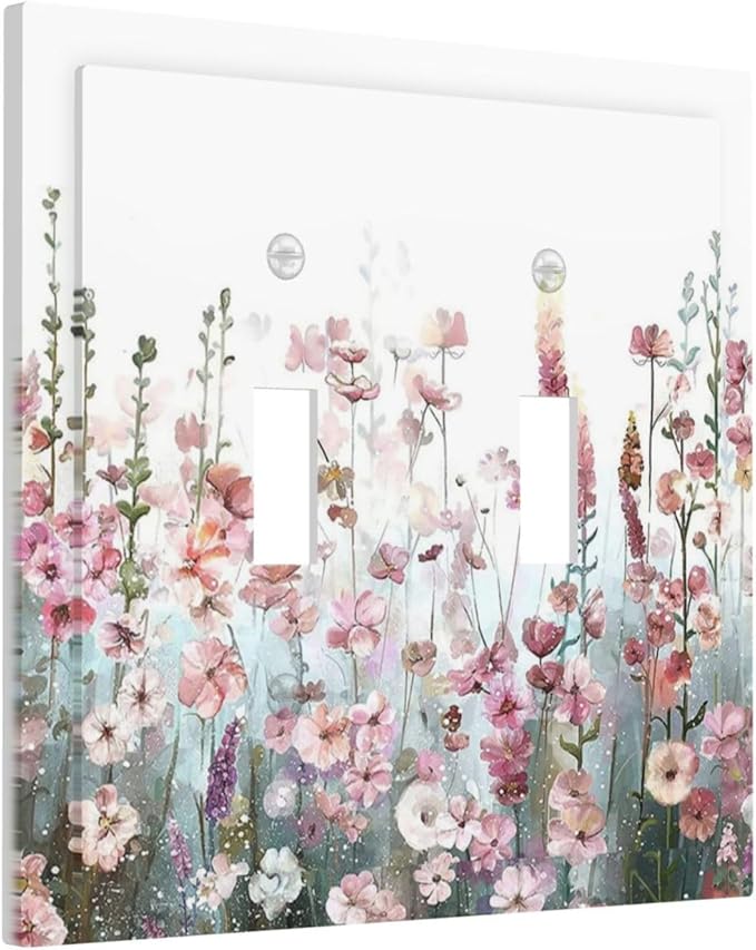Colorful Flowers Pink Floral Watercolor Plant Decorative Switch Plates 2 Gang Double Toggle Outlet Light Switch Cover Wall Plate Electrical Faceplate for Bed Room Living Room Decor