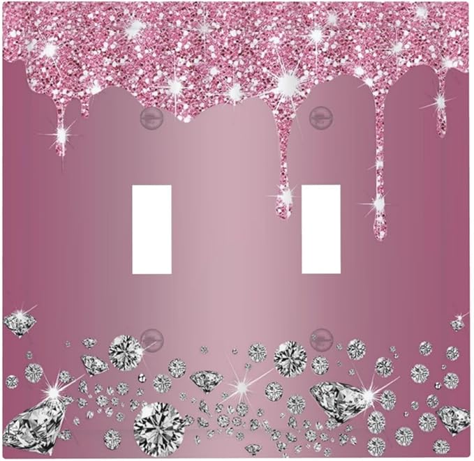 Sparkling Diamonds Pink Silver Glitter Drops Print Double Toggle Light Switch Covers Decorative Unique 2 Gang Wall Plate Dual Electrical Faceplate Switchplate for Bedroom Living Room Decor