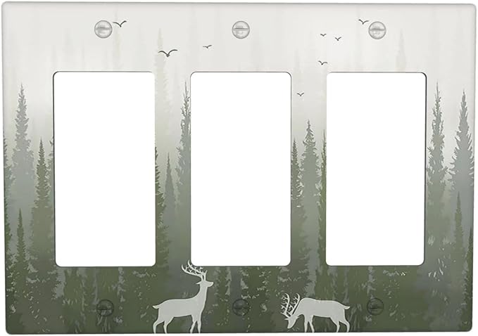 Green Pine Tree Deer Country forest Bird Nature Mist Light Switch Covers 3 Gang Rocker Decorative Triple Outlet Wall Plate Cover Switchplate Electrical Gfci for Bedroom Home Decor