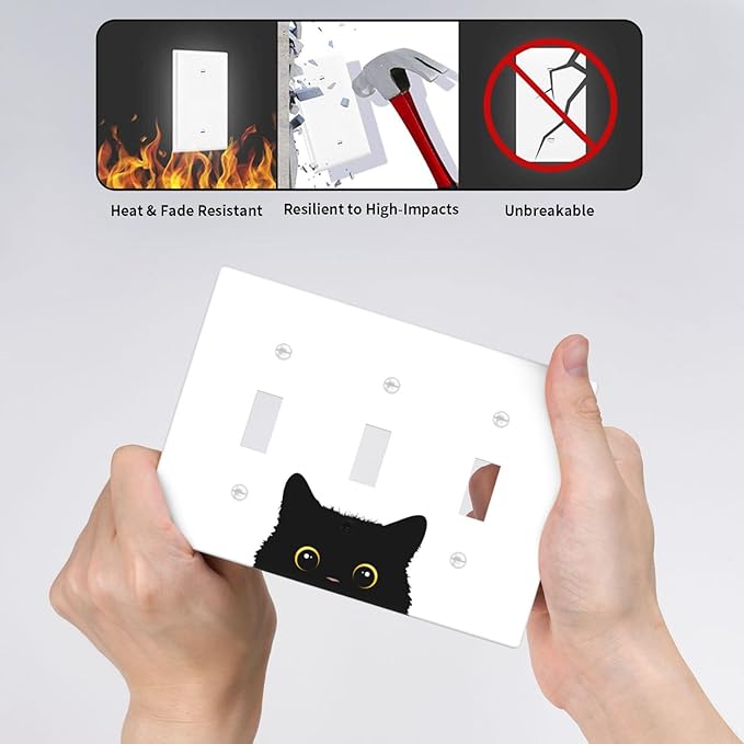 Cute Cat Black Light Switch Cover Plates Decorative Triple Toggle Wall Plate, 3 Gang Lightswitch Cover