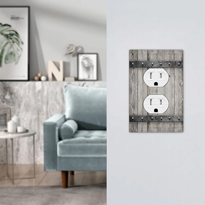 Farmhouse Grey Wood Barn Door 1 Gang Outlet Plate Duplex Decorative Outlet Covers Vintage Farmhouse Outlet Covers Electrical Receptacle Lightswitch Faceplate Rustic Wood 5"" X 3"（Plastic ）