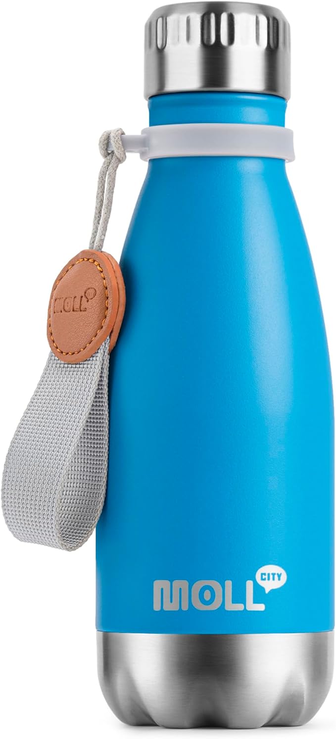 Kids Water Bottle for School-9 oz Stainless Steel Double Wall Vacuum Insulated Sports Water Bottle Reusable Metal Leak Proof Cola Shape Flask for Girls (Sky Blue)