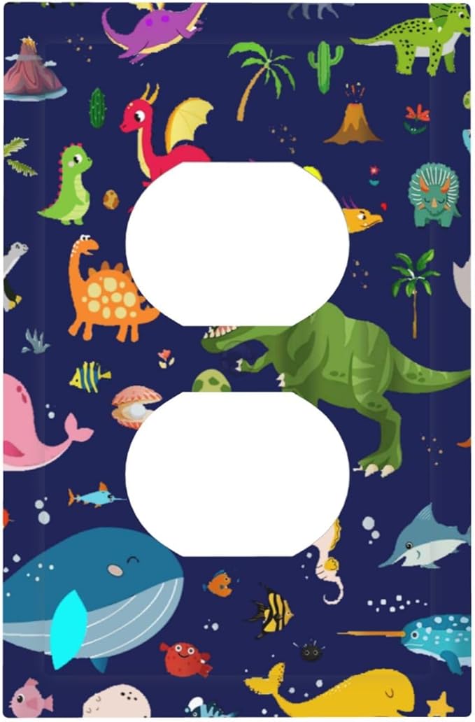 Cartoon Cool Blue/Green Dinosaur 1 Gang Duplex Wall Plate Receptacle Outlet Covers Ocean Dolphin Animal Boys Kids Girls Decorative Electrical Dual Device Light Switch Plug Socket Faceplate Cover