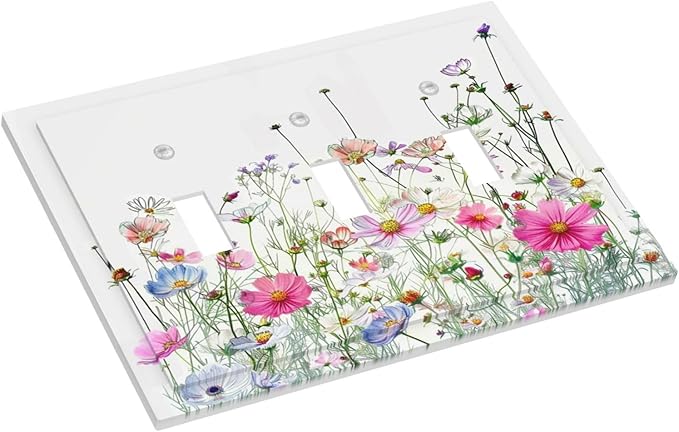 Decorative Switch Plates Boho Colorful Flowering Plant Wild Flower 3 Gang Wall Plate Triple Toggle Light Switch Cover Faceplate Electrical Wall Panels For Bed Room Living Room Decor