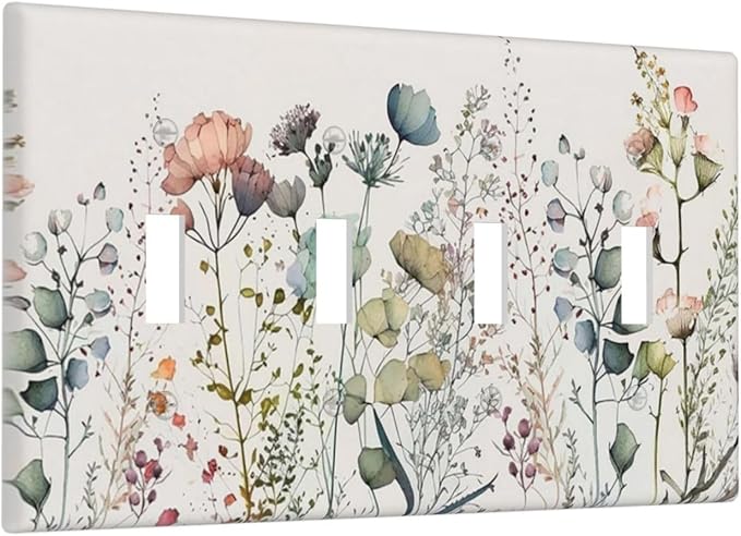 Beige Wild Flower Floral Blossom Decorative 4 Gang Quad Toggle Light Switch Cover Electric Large Size Quadruple Faceplate Decorative Switch Face Wallplate