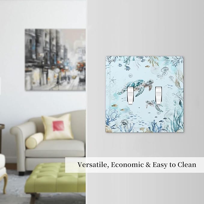 Decorative Switch Plates Teal Blue Ocean Sea Turtle Seabed Plants 2 Gang Double Toggle Wall Plate Outlet Light Switch Cover Electrical Faceplate for Bathroom Kids room Decor