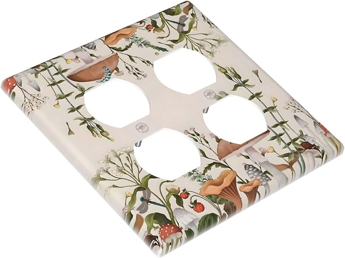Boho Mushroom Forest Plants Wildflowers Insects Outlet Covers 2 Gang Double Duplex Decorative Light Switch Covers Electrical Wallplates Socket Faceplate for Kids Room Home Decor