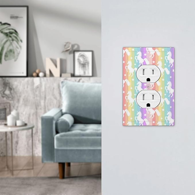 1 Gang Single Duplex Receptacle Outlet Cover Funny Kids Girl Cute Colorful Rainbow Unicorn Purple Pink Yellow Blue Electrical Wall Plate One Gang Dual Device Light Switch Faceplate Socket Plug Cover