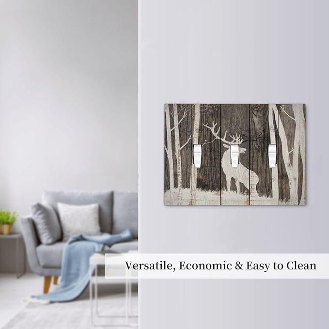 Vintage Wood Forest Deer Wildlife Animal Silhouette Decorative Switch Plates 3 Gang Wall Plate Triple Toggle Light Switch Cover Faceplate Electrical Wall Panels for Farmhouse Home Decor