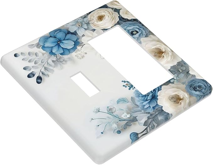 Decorative Outlet Covers Blue Rose White Flowers Rustic Floral 2 Gang 1 Gang Wall Plate Cover Single Toggle Rocker Combination Light Switch Cover Plate Jumbo Face Plate