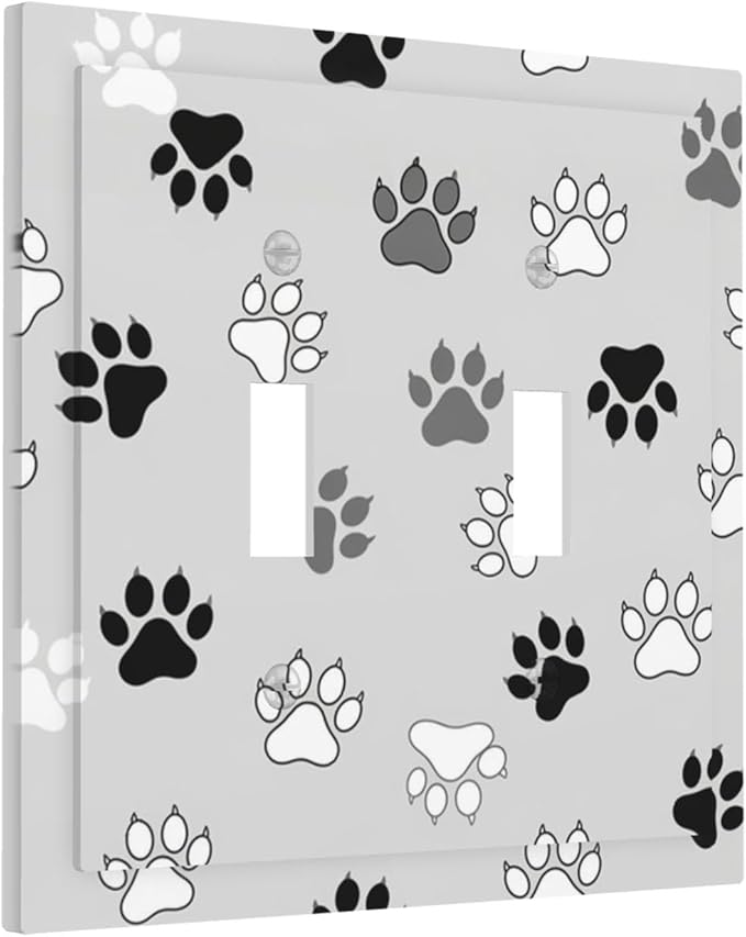 Monochrome Paw Print Double Toggle Switch Cover - 2-Gang Standard US Size Minimalist Dog Lover's Pet Paws Light Switch Covers, Neutral Tone for Pet Owners Decor