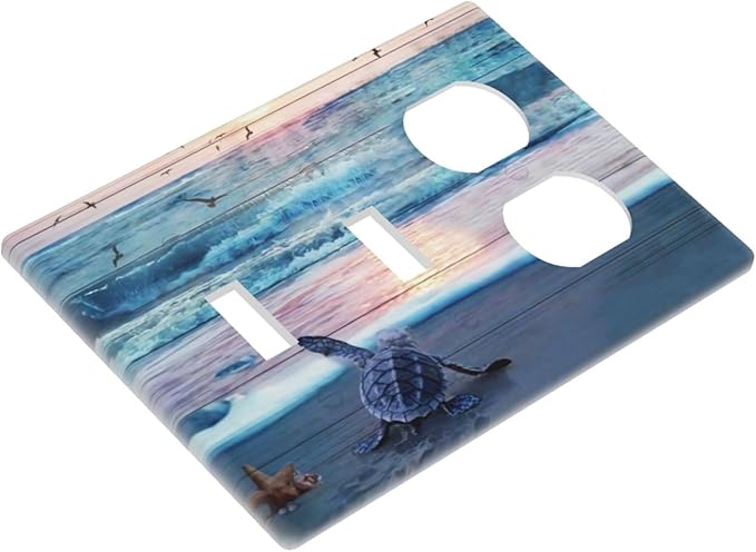 Nautical Ocean Teal Blue Beach Wave Turtles Tortoise 3 Gang 2-Toggle 1-Duplex Receptacle Light Switch Wall Plates and Outlet Cover Coastal Starfish Triple Device Combo Two Toggle One Receptacle Cover