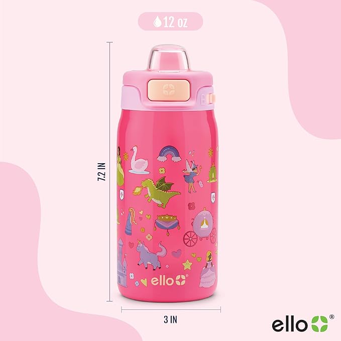 Ello Kids Pop & Fill 12oz Toddler Water Bottle with Quick Fill Lid, Double-Wall Vacuum Insulated Stainless Steel, Leak Proof, BPA Free, Sip & Chug, For School, Lunchboxes, Royal Palace