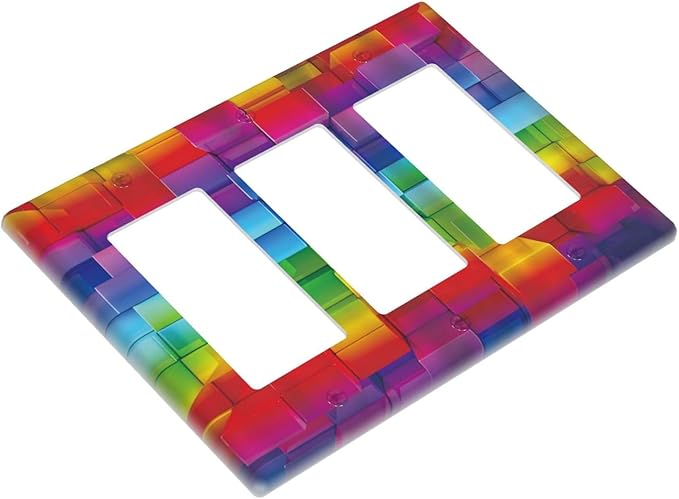 3D Colorful Rainbow Wall Abstract Squre Shaped 3 Gang Rocker Light Switch Covers Decorative Unique Triple Outlet Wall Plate Cover Faceplate Decorative Switchplate GFCI for Kitchen Bedroom Decor