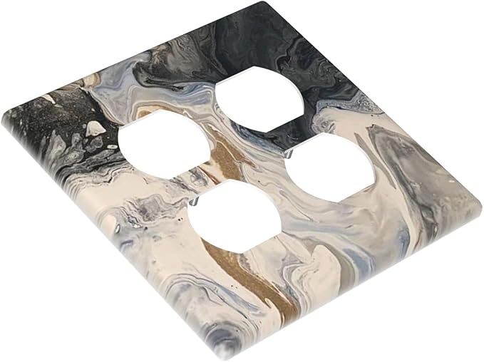 Outlet Covers Black Gold Swirl Fluid Painting Marble 2 Gang Double Duplex Decorative Light Switch Covers Electrical Wallplates Socket Faceplate For Bathroom Kitchen Decor