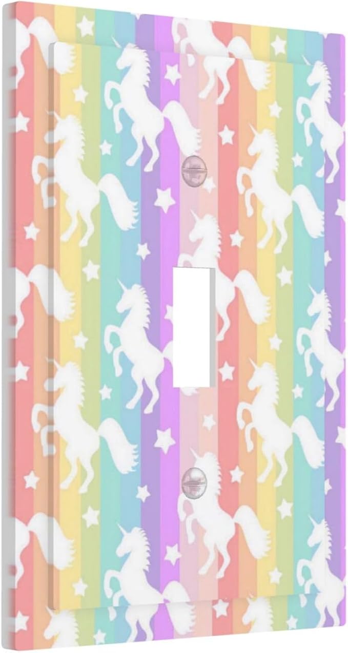 Funny Cute Colorful Girly Rainbow Stripes Unicorn Animal Kid Girls Room Theme 1-Gang Outlet Light Switch Plate Cover Decorative Single Toggle Face Wall Plate Electrical Receptacle Cover Jumbo Size