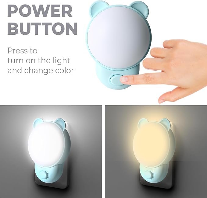 SATONA Cute Bear Night Light Plug - RGB + Soft White 3000K, Dusk to Dawn Nursery Night Light for Kids, Ideal Christmas & Birthday Gifts, Room Decor for Children (Blue)