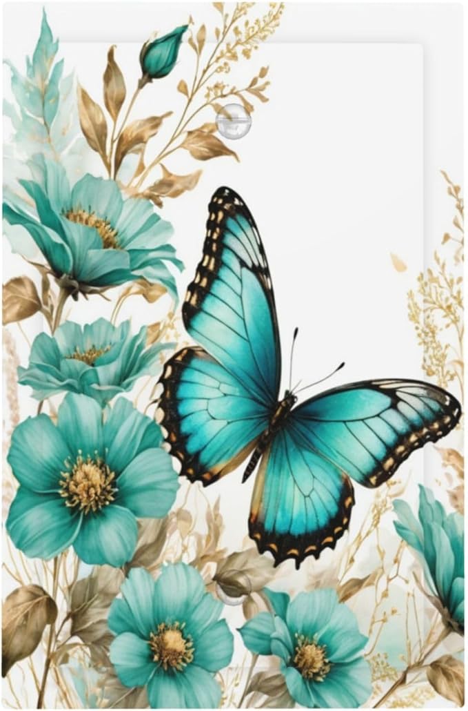 Decorative Light Switch Cover Plate Butterfly on Blue Daisy Flower Floral Golden Leaf 1 Gang No Device Single Blank Outlet Covers Wall Plate Cover Switchplate Electrical Face Plate