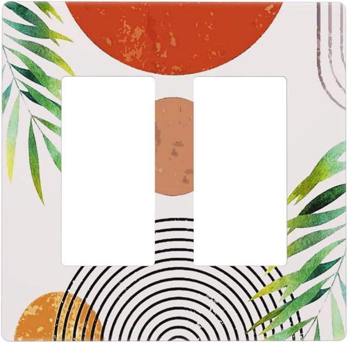 Beige Pink/Orange Boho Abstract Art Mid Century Sun 2 Gang Double Decorator GFCI/Rocker Wall Plate Tan Sunset Arch Olive Leaf Electrical Outlet Decorative Receptacle Cover Light Switch for Dimmer, USB