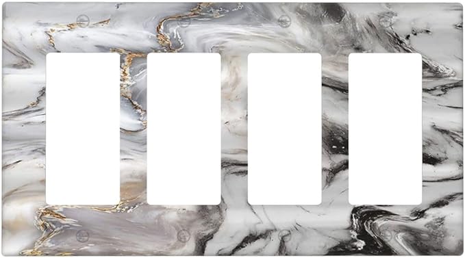 Grey and White Gold Marble 4 Gang Light Switch Cover Quad Rocker Decora Wall Plate Decorative Electrical Outlet Switchplate Modern Abstract Marble Gfci Faceplate for Kitchen Bathroom Decor