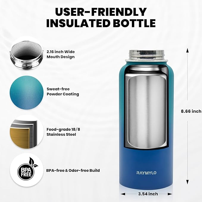 RAYMYLO Insulated Water Bottle 32 oz, Triple Wall Vacuum Stainless Steel (Cold for 24Hrs, Hot for 12Hrs), Leak Proof & Non-BPA, Modern Water Flask Jug with Paracord Handle & Straw Spout Lids