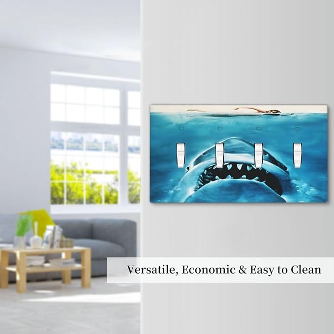 Swimming Woman Funny Shark Blue Ocean Light Switch Covers Quad Toggle Electrical Faceplate 4 Gang Wall Plate Decorative Switch Plates Cover for Kids Room Bedroom Decor