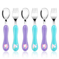 Lehoo Castle 6 Pieces Toddler Utensils, Kids Silverware for 2 3 4 Years Old, Stainless Steel Fork and Spoon Set with Plastic Handle, Safe Toddler Cutlery (Light Purple + Blue)
