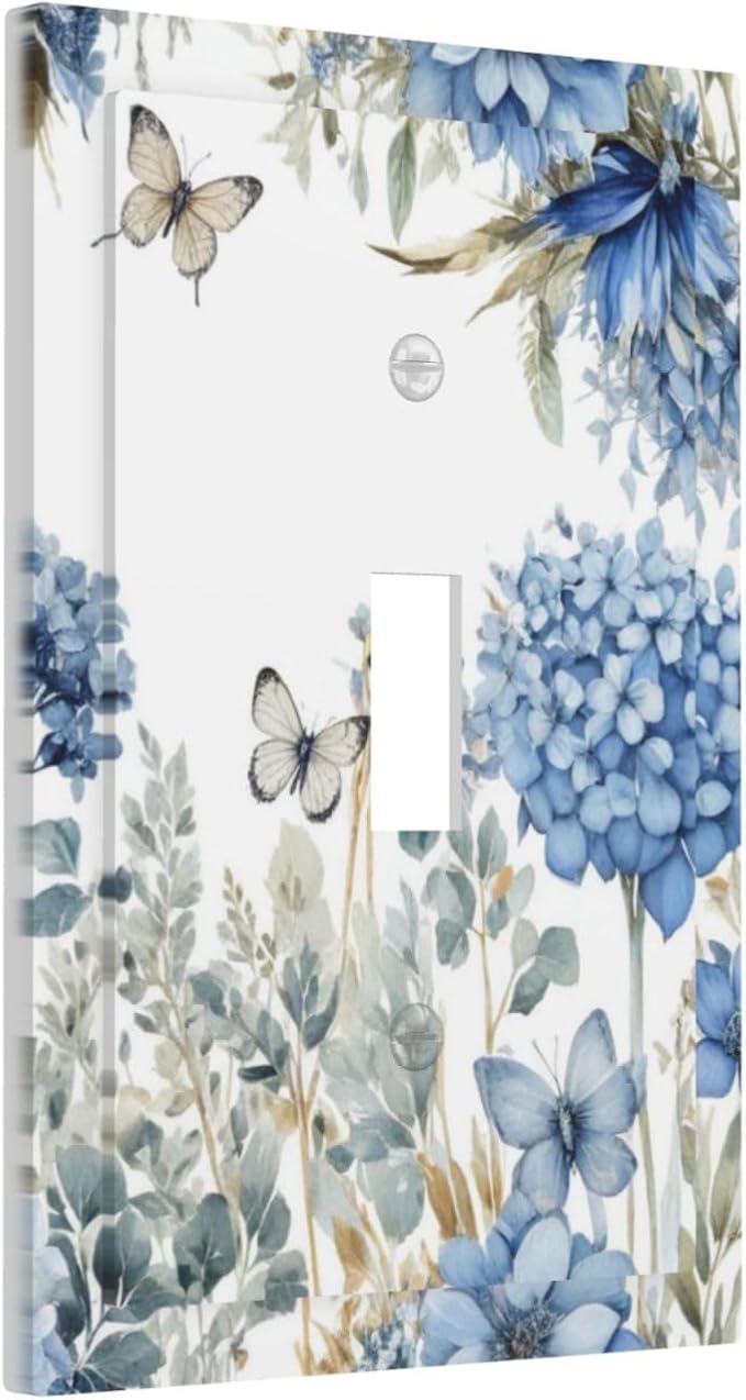 Decorative Light Switch Plate Covers Boho Blue Flowers Rustic Beige Butterfly Leaves 1 Gang Wall Plate Single Toggle Switch Cover Plate Jumbo Electrical Switchplate Receptacle Faceplate