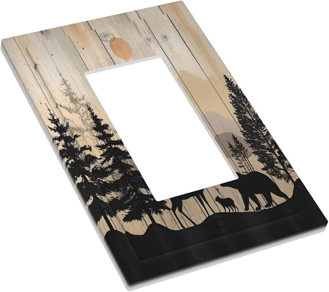 Decorative Outlet Covers Wood Board Wildlife Cute Bear Deer Forest Rustic 1 Gang Single Rocker Light Switch Cover Plate Wall Plates GFCI Faceplate for Bathroom Farmhouse Decor