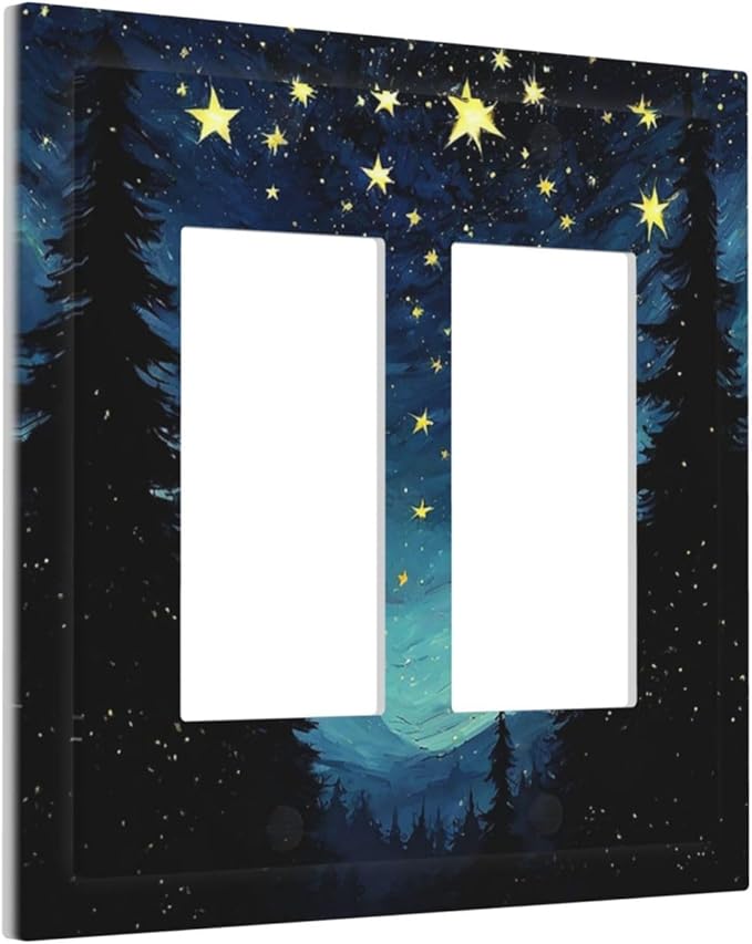 Decorative Outlet Covers Blue Starry Sky Forest Painted Star Pine Tree Oil Painting 2 Gang Double GFCI Rocker Electrical Wall Panels Light Switch Cover Plate for Bedroom Cabin Decor
