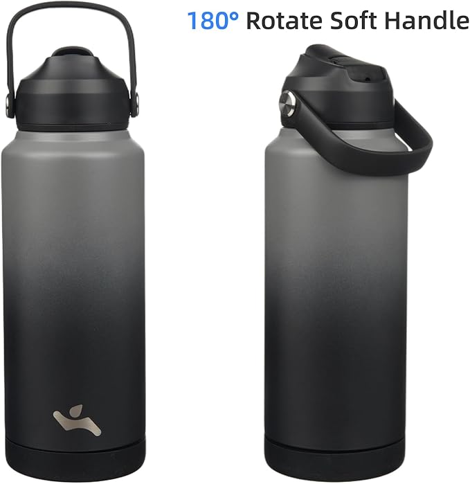 Konokyo Insulated Water Bottle with Straw Lid,32 oz Stainless Steel Vacuum Metal Bottle with Silicone Handle,Gray Black