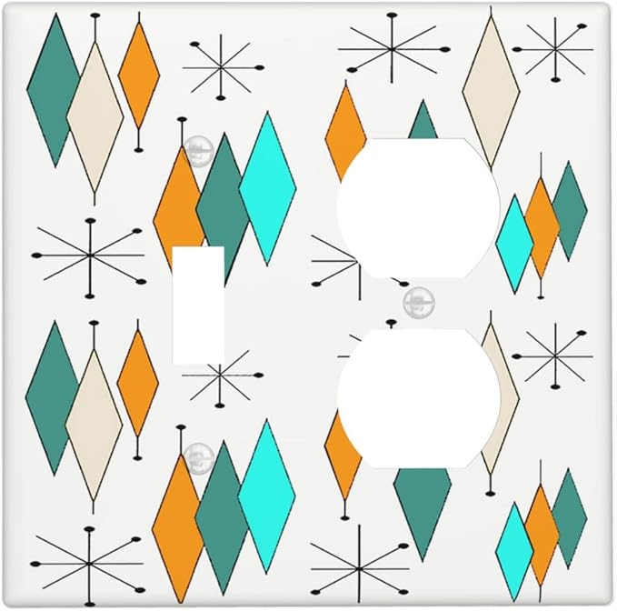70s Abstract Boho Geometric Mid Century Atomic 2 Gang 1-GFCI/1-Duplex Combination Wall Plate Decorative Light Switch Outlet Wallplate Faceplate Cover