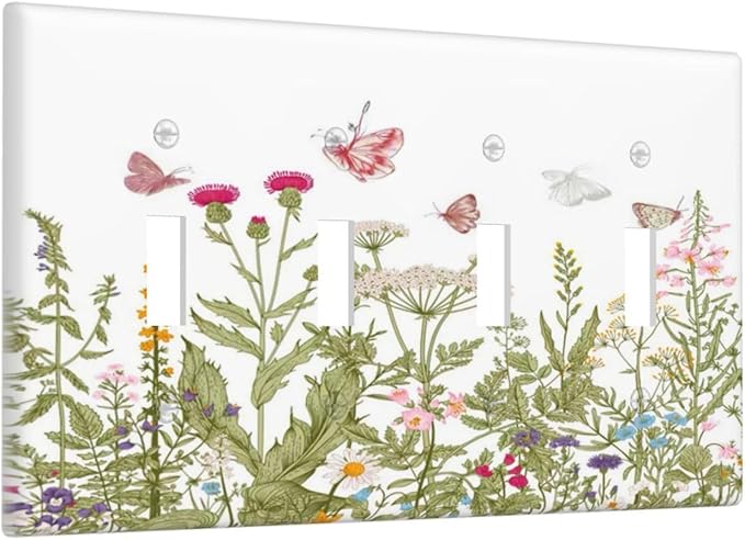 Colorful Butterfly Floral Plants Flower Vine Light Switch Covers Quad Toggle Electrical Faceplate 4 Gang Wall Plate Decorative Switch Plates for Bed Room Living Room Decor