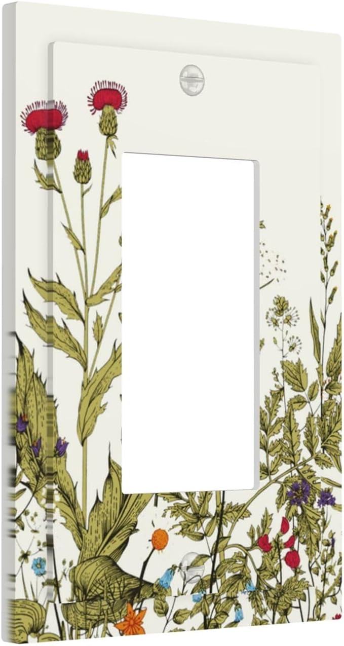 Country Wild Flower Decorative 1 Gang Single Decorator GFCI/Rocker Wall Plate Spring Blossom Botanical Sage Herbs Border Vintage Floral Electrical Receptacle Outlet Light Switch Cover for Dimmer, USB
