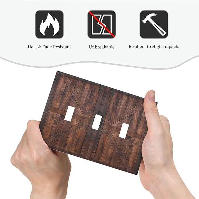 Light Switch Cover Rustic Brown Barn Door Retro Wood Plank 3 Gang Wall Plate Triple Light Switch Plate Country Toggle Decorative Outlet Covers Electrical Switchplate for Bathroom Home Decor