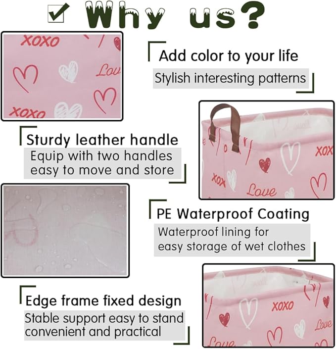 FXOLCSHE Rectangular Girl Pink Basket,XOXO heart gift box,Pink baskets with Handle Organizer,Nursery hamper,Gift baskest,Shelf Basket(XOXO hearts）